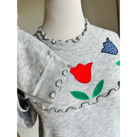 Vintage 80s Sweatshirt Tulips Lettuce Trim Grey Red Large Made in USA Granny - Picture 6 of 8